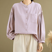 Buddha Stones Commute Plain Half Buttons Accordion Pleats Design Women's Cotton Linen Shirt - image 15