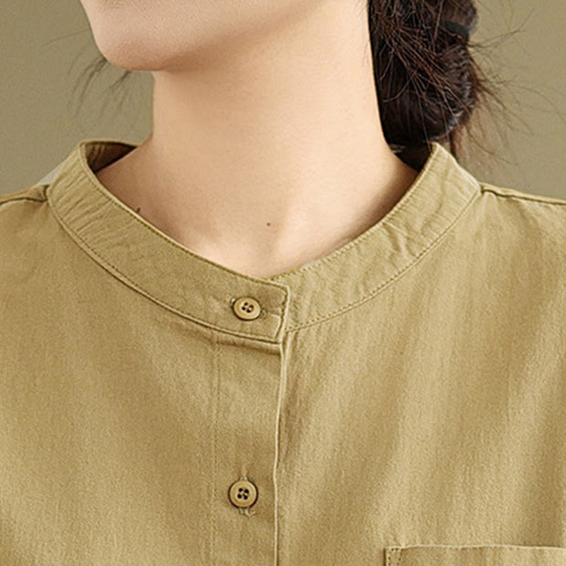 Buddha Stones Commute Plain Half Buttons Accordion Pleats Design Women's Cotton Linen Shirt - image 8