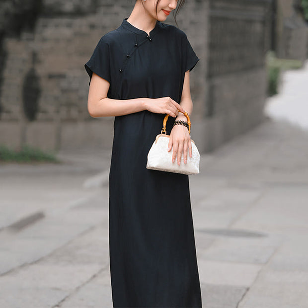 Buddha Stones Casual Plain Cheongsam Lace-Up Design Cotton Linen Short Sleeve Midi Dress - image 22
