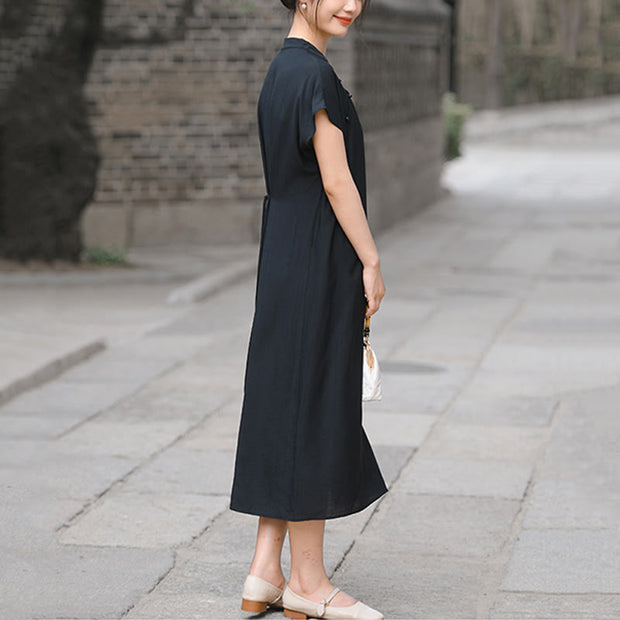 Buddha Stones Casual Plain Cheongsam Lace-Up Design Cotton Linen Short Sleeve Midi Dress - image 18