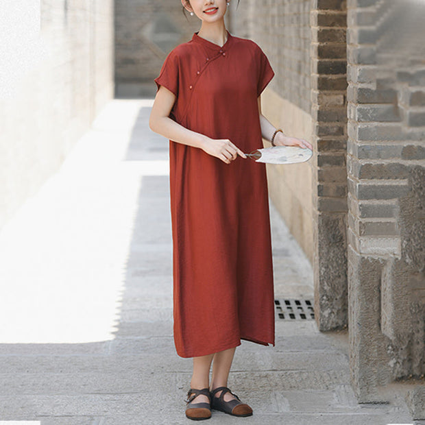 Buddha Stones Casual Plain Cheongsam Lace-Up Design Cotton Linen Short Sleeve Midi Dress - image 6