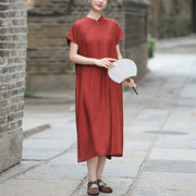 Buddha Stones Casual Plain Cheongsam Lace-Up Design Cotton Linen Short Sleeve Midi Dress - image 5