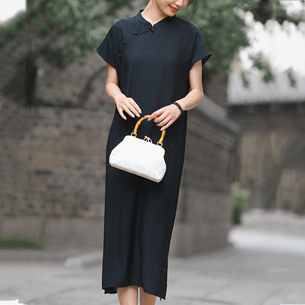 Buddha Stones Casual Plain Cheongsam Lace-Up Design Cotton Linen Short Sleeve Midi Dress - image 16