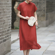 Buddha Stones Casual Plain Cheongsam Lace-Up Design Cotton Linen Short Sleeve Midi Dress - FireBrick - US8-10，UK/AU12-14，EU40-42 (2XL) - image 1