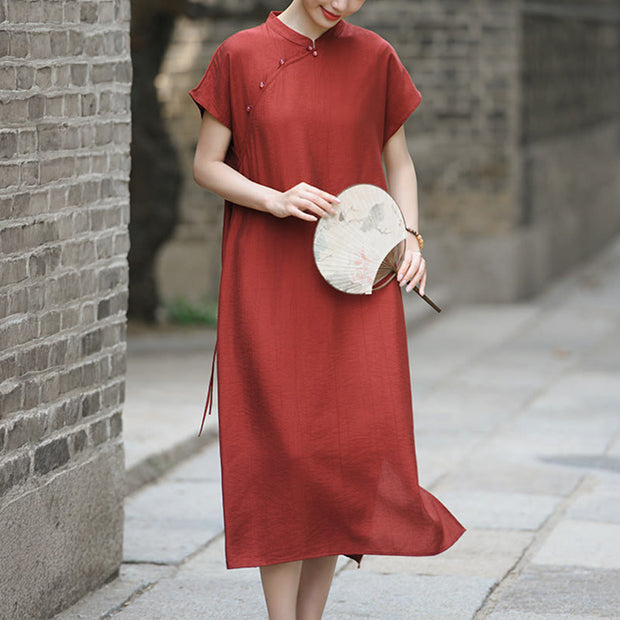 Buddha Stones Casual Plain Cheongsam Lace-Up Design Cotton Linen Short Sleeve Midi Dress - FireBrick - US8-10，UK/AU12-14，EU40-42 (2XL) - image 1
