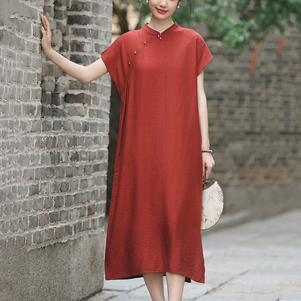 Buddha Stones Casual Plain Cheongsam Lace-Up Design Cotton Linen Short Sleeve Midi Dress - image 7