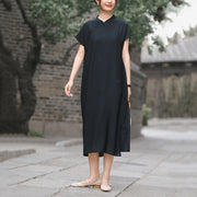 Buddha Stones Casual Plain Cheongsam Lace-Up Design Cotton Linen Short Sleeve Midi Dress - image 19