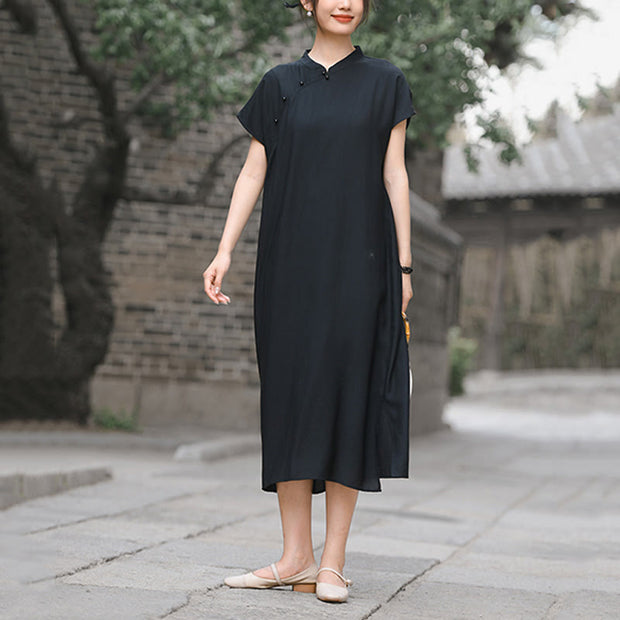 Buddha Stones Casual Plain Cheongsam Lace-Up Design Cotton Linen Short Sleeve Midi Dress - image 19