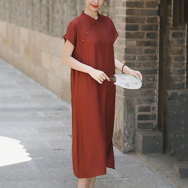 Buddha Stones Casual Plain Cheongsam Lace-Up Design Cotton Linen Short Sleeve Midi Dress - image 4