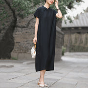 Buddha Stones Casual Plain Cheongsam Lace-Up Design Cotton Linen Short Sleeve Midi Dress - image 17