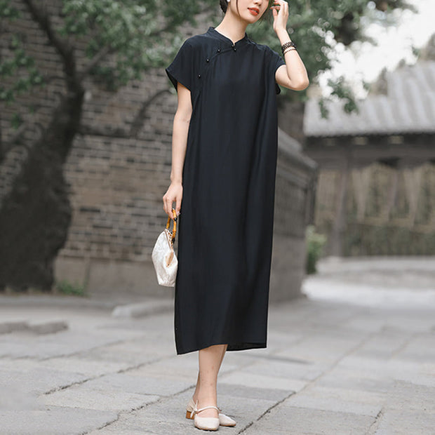 Buddha Stones Casual Plain Cheongsam Lace-Up Design Cotton Linen Short Sleeve Midi Dress - image 17