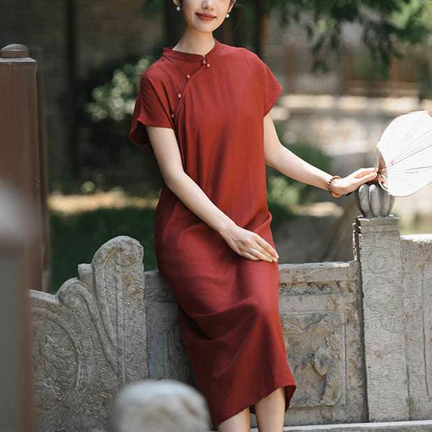 Buddha Stones Casual Plain Cheongsam Lace-Up Design Cotton Linen Short Sleeve Midi Dress - image 10