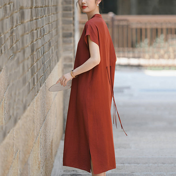 Buddha Stones Casual Plain Cheongsam Lace-Up Design Cotton Linen Short Sleeve Midi Dress - image 8