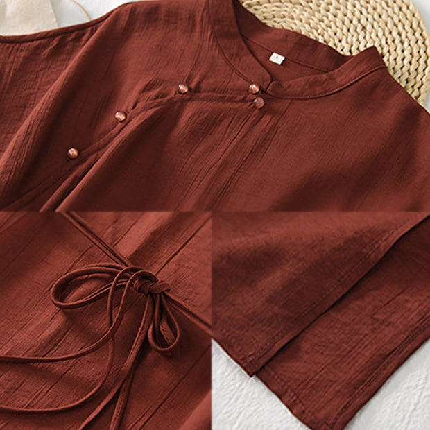 Buddha Stones Casual Plain Cheongsam Lace-Up Design Cotton Linen Short Sleeve Midi Dress - image 13