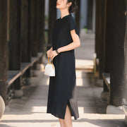Buddha Stones Casual Plain Cheongsam Lace-Up Design Cotton Linen Short Sleeve Midi Dress - Black - US8-10，UK/AU12-14，EU40-42 (2XL) - image 14