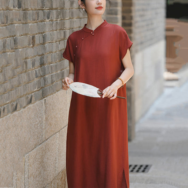 Buddha Stones Casual Plain Cheongsam Lace-Up Design Cotton Linen Short Sleeve Midi Dress - image 9