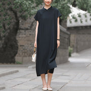 Buddha Stones Casual Plain Cheongsam Lace-Up Design Cotton Linen Short Sleeve Midi Dress - image 20