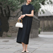 Buddha Stones Casual Plain Cheongsam Lace-Up Design Cotton Linen Short Sleeve Midi Dress - image 21