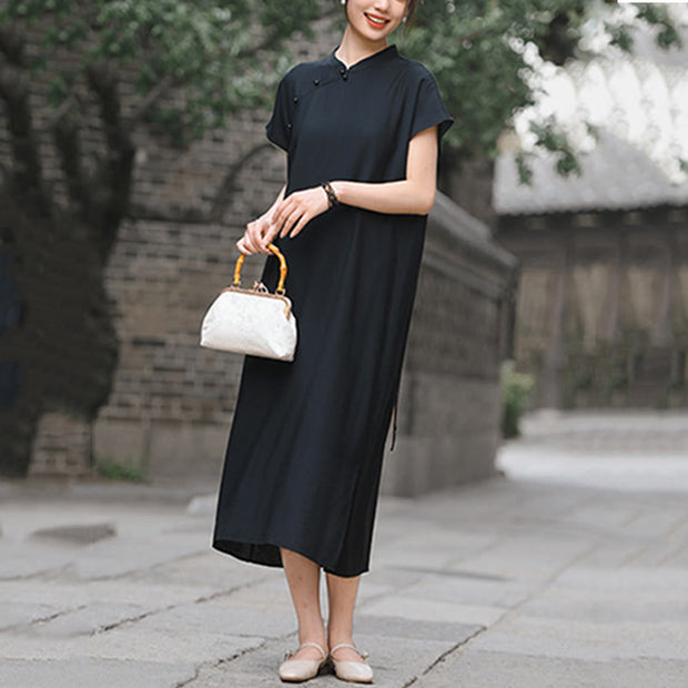 Buddha Stones Casual Plain Cheongsam Lace-Up Design Cotton Linen Short Sleeve Midi Dress - image 21