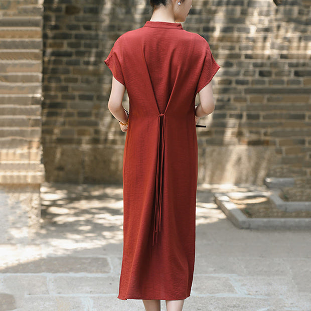 Buddha Stones Casual Plain Cheongsam Lace-Up Design Cotton Linen Short Sleeve Midi Dress - image 3