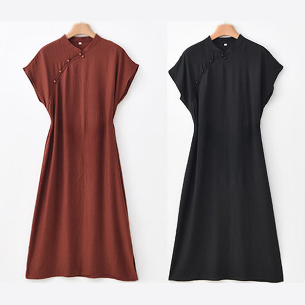 Buddha Stones Casual Plain Cheongsam Lace-Up Design Cotton Linen Short Sleeve Midi Dress - image 23