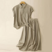 Buddha Stones 2Pcs Shirt Top 7-8 Length Skirt With Pockets Cotton Linen Clothing Women's Set - DarkKhaki - US8-10，UK/AU12-14，EU40-42 (2XL) - image 1