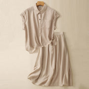 Buddha Stones 2Pcs Shirt Top 7-8 Length Skirt With Pockets Cotton Linen Clothing Women's Set - Wheat - US8-10，UK/AU12-14，EU40-42 (2XL) - image 15