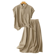 Buddha Stones 2Pcs Shirt Top 7-8 Length Skirt With Pockets Cotton Linen Clothing Women's Set - image 14
