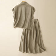 Buddha Stones 2Pcs Shirt Top 7-8 Length Skirt With Pockets Cotton Linen Clothing Women's Set - image 2