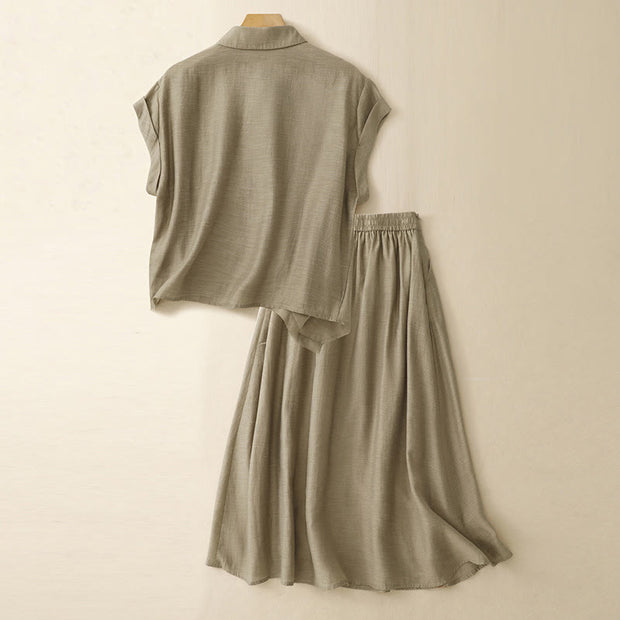 Buddha Stones 2Pcs Shirt Top 7-8 Length Skirt With Pockets Cotton Linen Clothing Women's Set - image 2