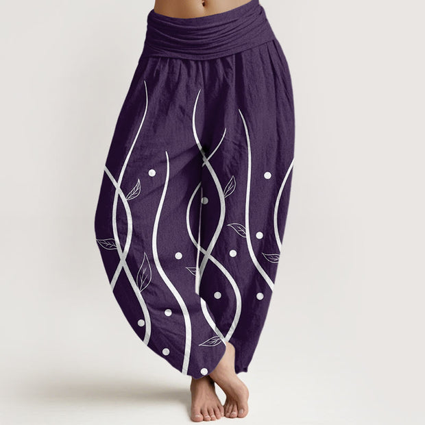 Buddha Stones Casual Minimalist Vine Leaf Pattern Women's Elastic Waist Harem Pants