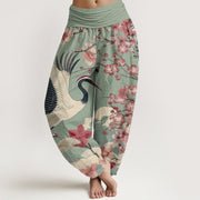 Buddha Stones Casual Crane Cherry Blossom Design Pattern Women's Elastic Waist Harem Pants