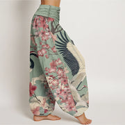 Buddha Stones Casual Crane Cherry Blossom Design Pattern Women's Elastic Waist Harem Pants