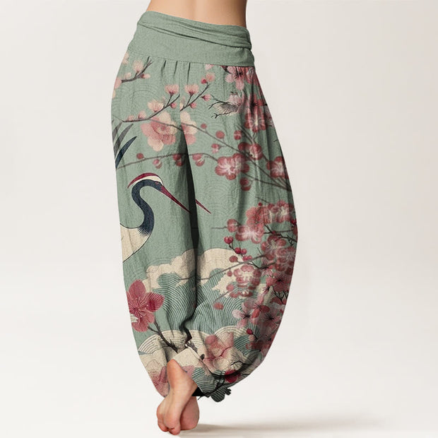 Buddha Stones Casual Crane Cherry Blossom Design Pattern Women's Elastic Waist Harem Pants
