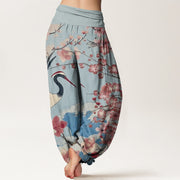 Buddha Stones Casual Crane Cherry Blossom Design Pattern Women's Elastic Waist Harem Pants