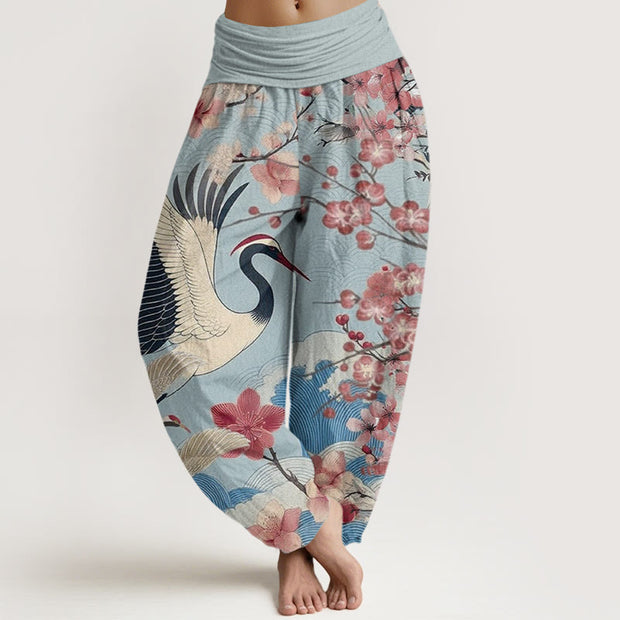 Buddha Stones Casual Crane Cherry Blossom Design Pattern Women's Elastic Waist Harem Pants