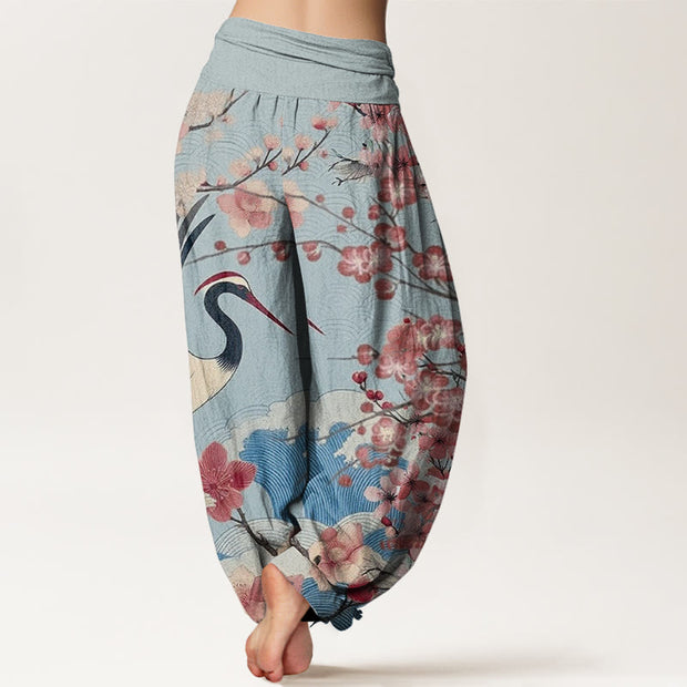 Buddha Stones Casual Crane Cherry Blossom Design Pattern Women's Elastic Waist Harem Pants