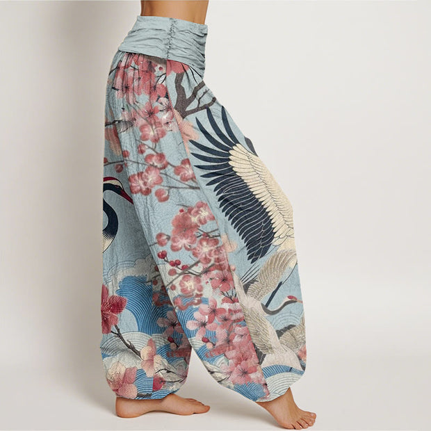 Buddha Stones Casual Crane Cherry Blossom Design Pattern Women's Elastic Waist Harem Pants