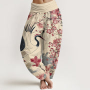 Buddha Stones Casual Crane Cherry Blossom Design Pattern Women's Elastic Waist Harem Pants