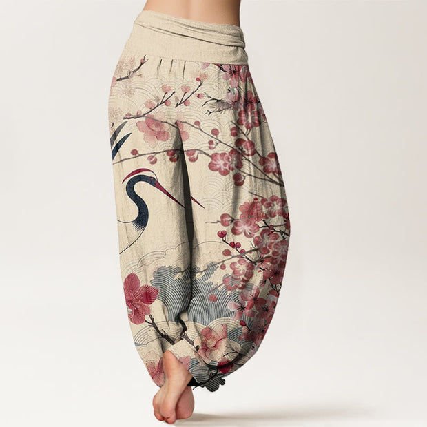 Buddha Stones Casual Crane Cherry Blossom Design Pattern Women's Elastic Waist Harem Pants