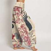 Buddha Stones Casual Crane Cherry Blossom Design Pattern Women's Elastic Waist Harem Pants