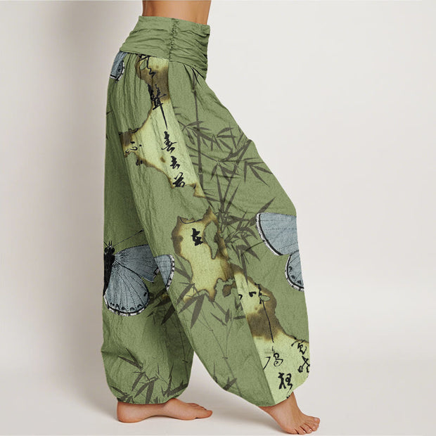 Buddha Stones Casual Butterfly Bamboo Leaf Calligraphy Pattern Women's Elastic Waist Harem Pants