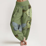 Buddha Stones Casual Butterfly Bamboo Leaf Calligraphy Pattern Women's Elastic Waist Harem Pants