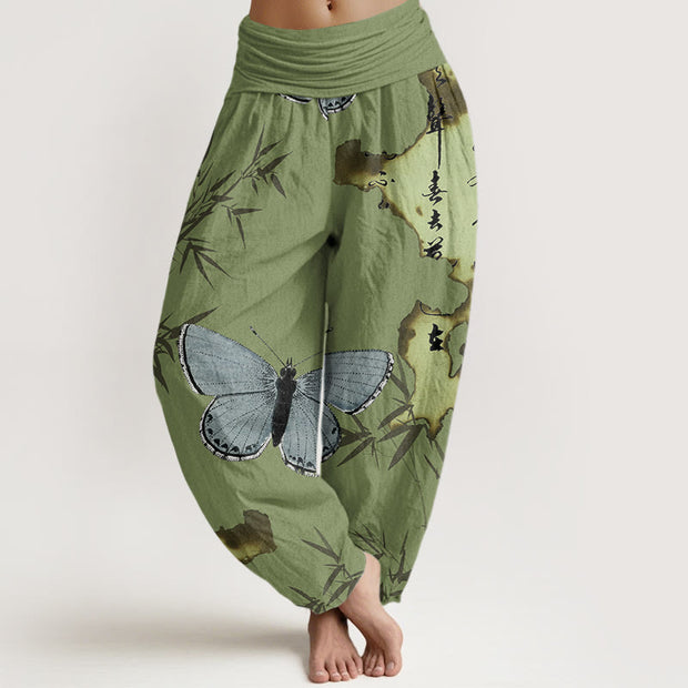 Buddha Stones Casual Butterfly Bamboo Leaf Calligraphy Pattern Women's Elastic Waist Harem Pants
