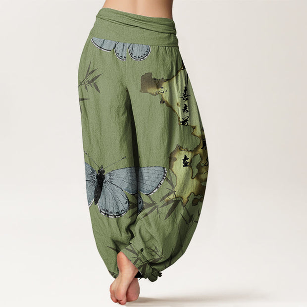 Buddha Stones Casual Butterfly Bamboo Leaf Calligraphy Pattern Women's Elastic Waist Harem Pants