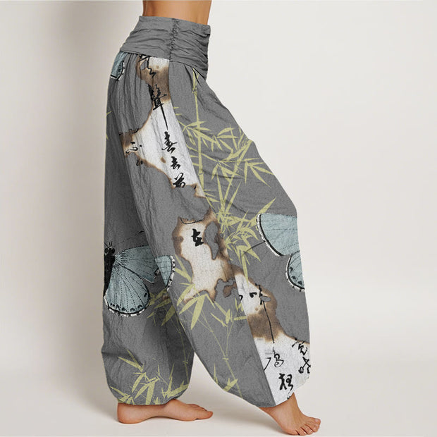 Buddha Stones Casual Butterfly Bamboo Leaf Calligraphy Pattern Women's Elastic Waist Harem Pants