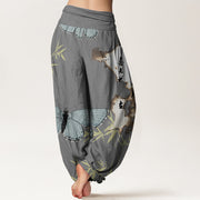 Buddha Stones Casual Butterfly Bamboo Leaf Calligraphy Pattern Women's Elastic Waist Harem Pants