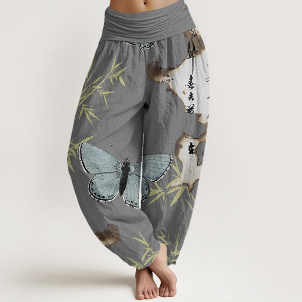 Buddha Stones Casual Butterfly Bamboo Leaf Calligraphy Pattern Women's Elastic Waist Harem Pants