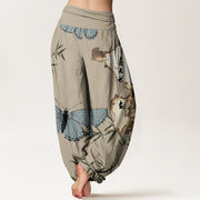 Buddha Stones Casual Butterfly Bamboo Leaf Calligraphy Pattern Women's Elastic Waist Harem Pants