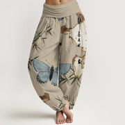 Buddha Stones Casual Butterfly Bamboo Leaf Calligraphy Pattern Women's Elastic Waist Harem Pants